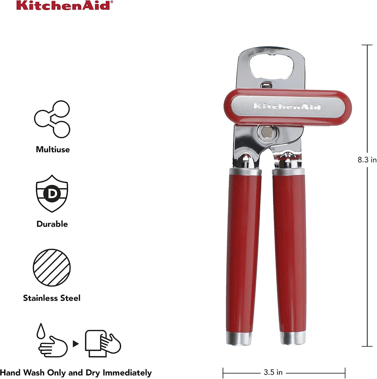 KitchenAid Classic Multifunction Can Opener and Bottle Opener Easy to Use, Razor Sharp Stainless Steel Cutting Wheel, Soft Ergonomic Handles, Black