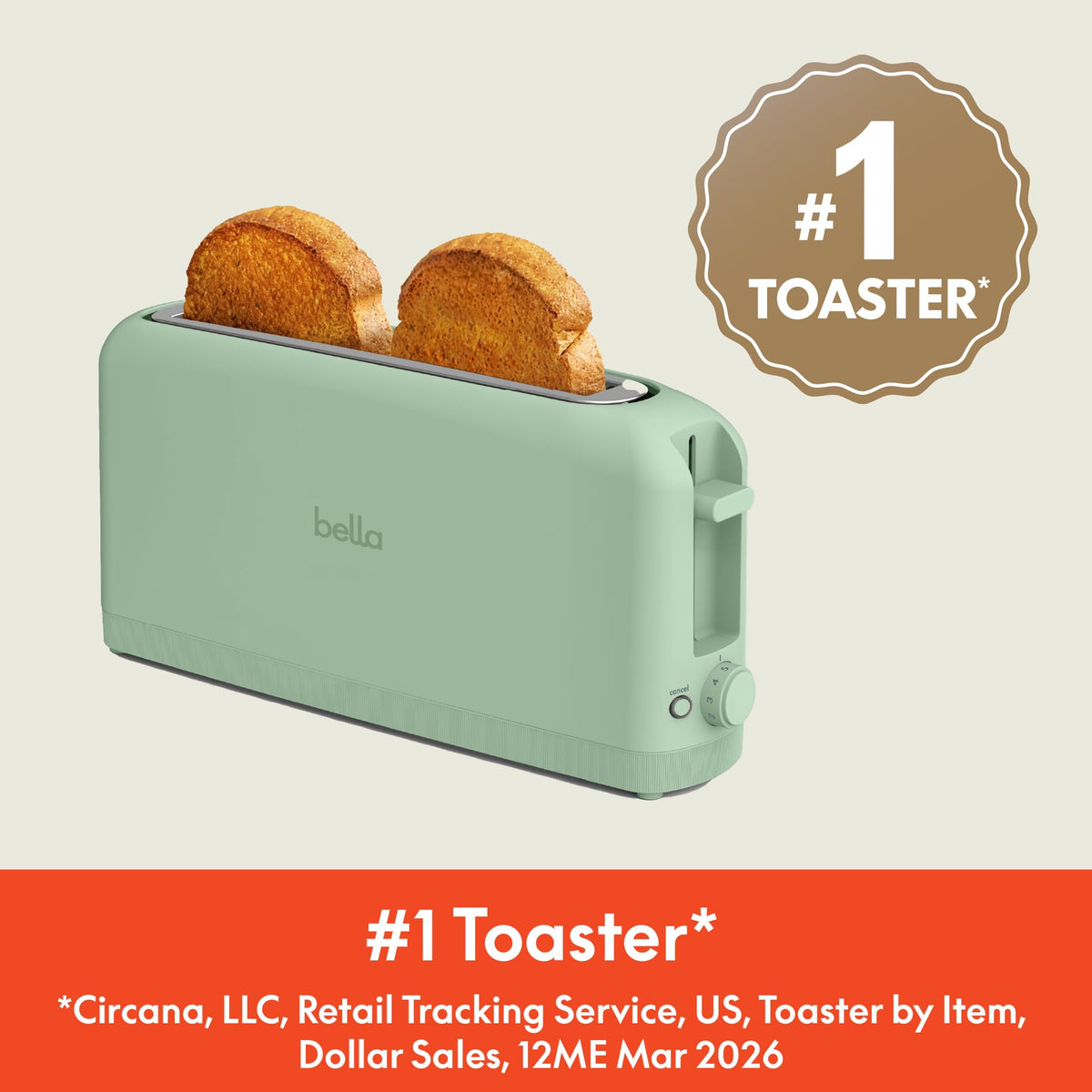 bella Fits-Anywhere™ 2-Slice Slim Toaster, Long Slot & Extra Wide, Oatmilk