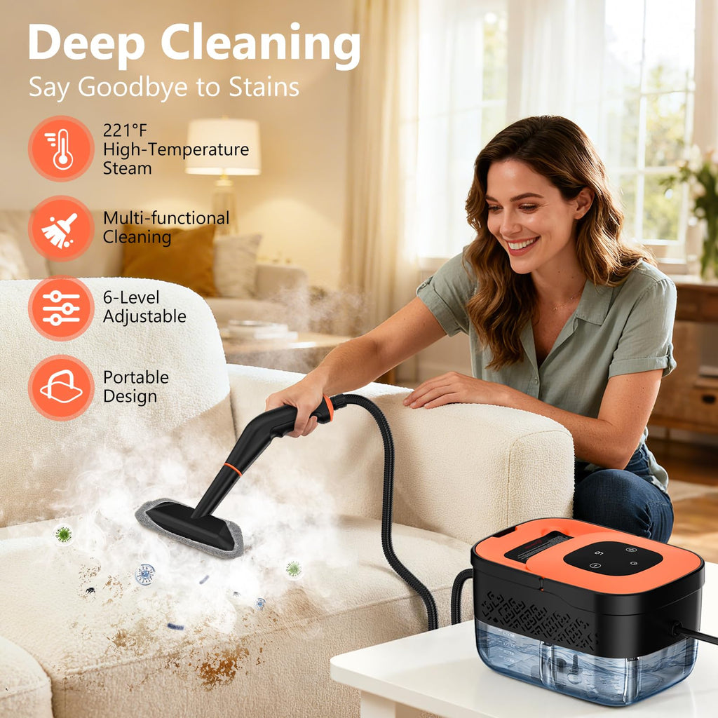 Steam Cleaner, Portable Steamer for Cleaning with 16pcs Accessories, 6-Level Adjustable and 15s Heat-Up, Handheld Steam Cleaner for Home, Tile, Dirt, Grout, Grease, Car Detailing