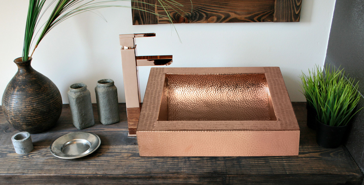 17" Square Apron Curved Bottom Hammered Copper Bathroom Sink